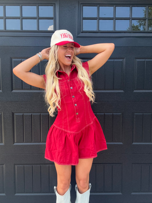 Ari Red Denim Romper