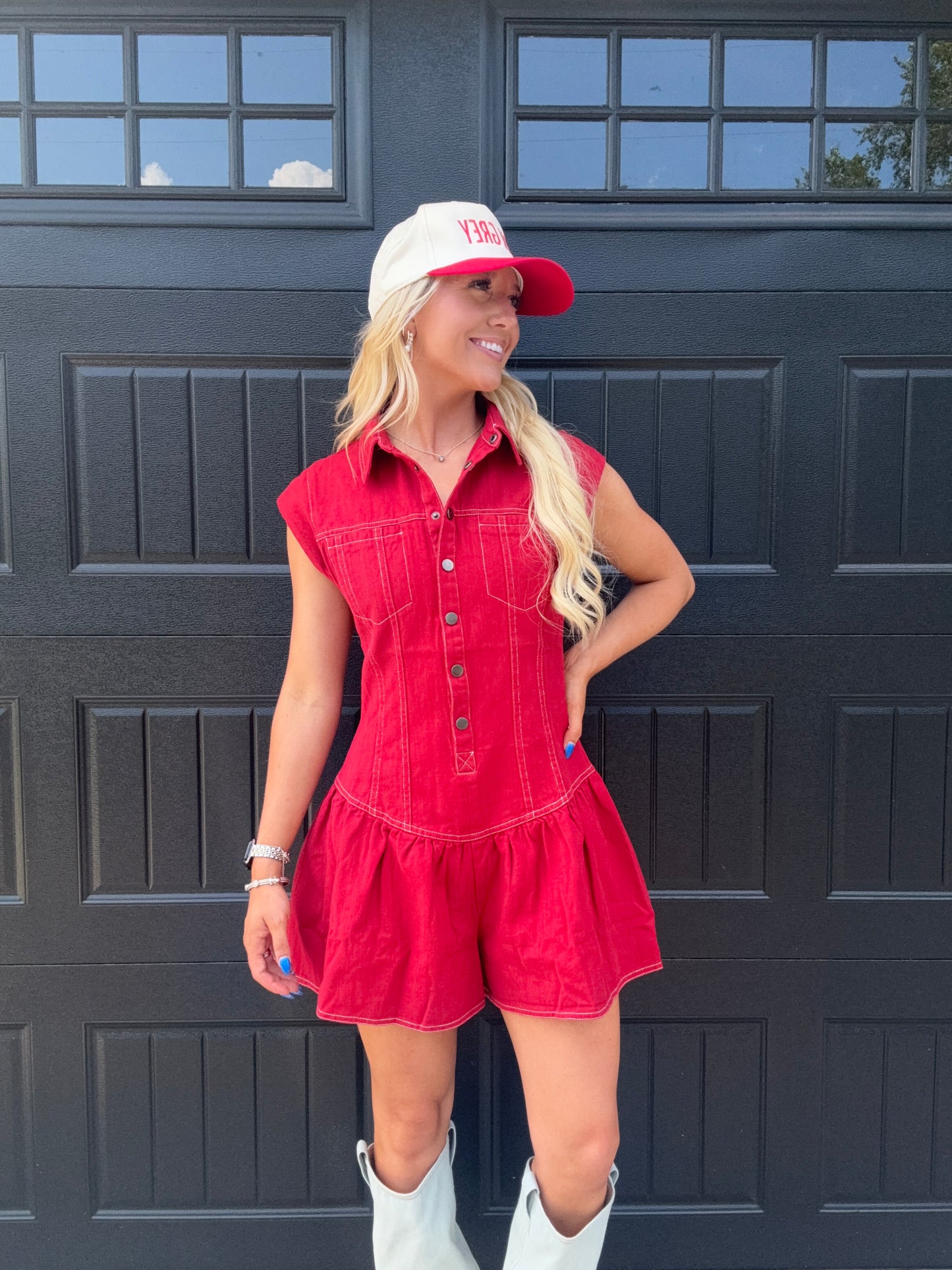 Ari Red Denim Romper