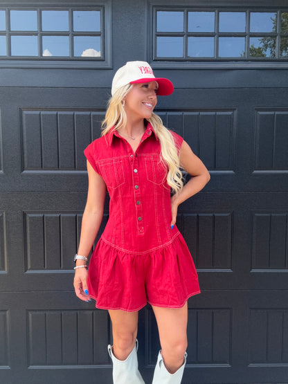 Ari Red Denim Romper